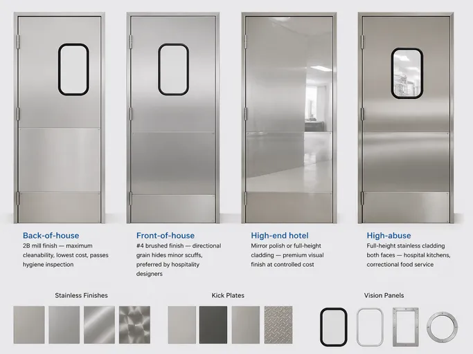 EUWOO food service door customization options including stainless finishes, kick plates, and vision panels