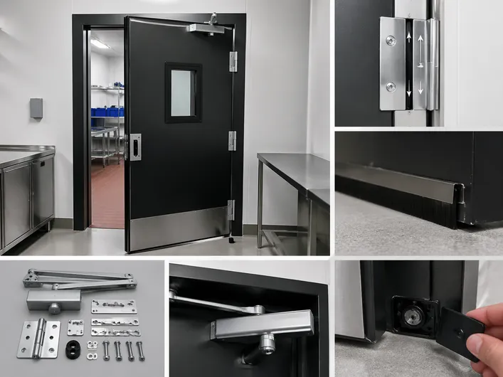 Restaurant commercial door installation showing frame adjustment and floor seal detail
