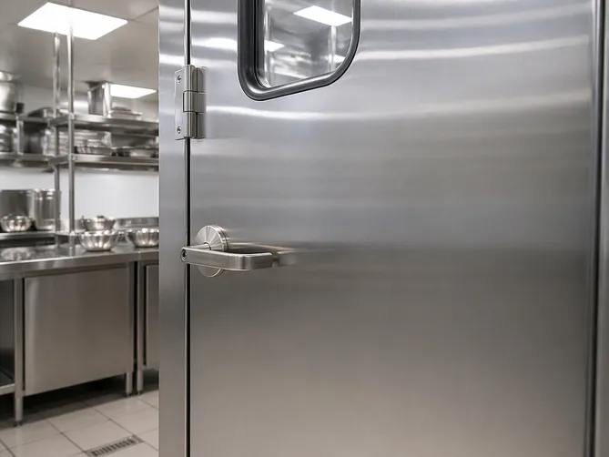 Commercial kitchen door surface showing chemical-resistant stainless steel finish