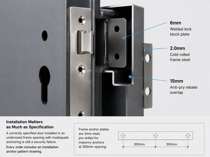 Security door lock block and frame engineering cross-section detail