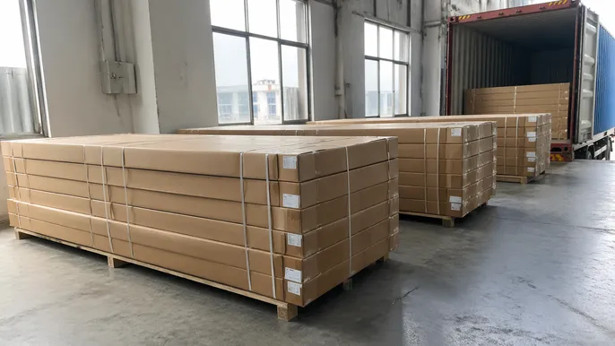 Security commercial doors packed flat in reinforced corrugated cartons ready for 40HQ container export