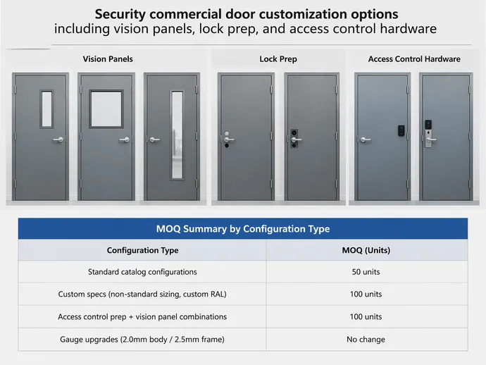 Security commercial door customization options including vision panels, lock prep, and access control hardware