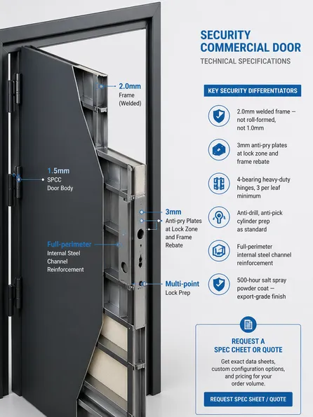 Security commercial door cross-section showing 1.5mm SPCC body, 2.0mm frame, and multi-point lock prep