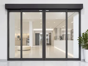 Glass panel sliding commercial door tempered glass retail and office interior