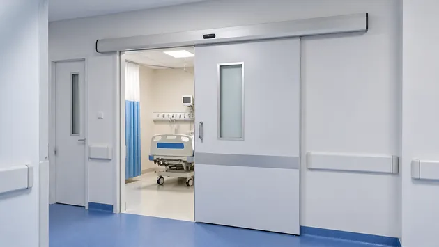 Sliding commercial door installed in hospital corridor for infection control