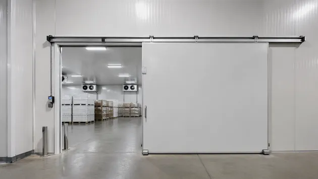Heavy-duty sliding commercial door for industrial cold storage and logistics zone separation