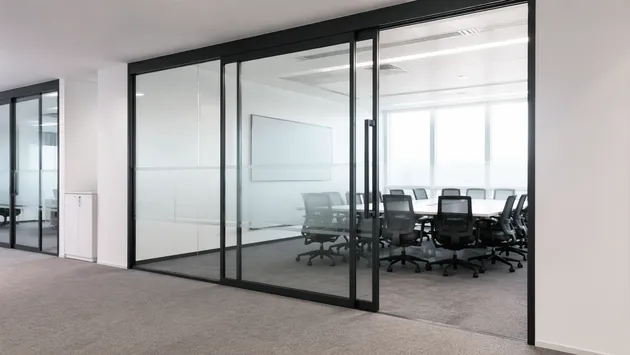 Sliding commercial door used as office meeting room partition