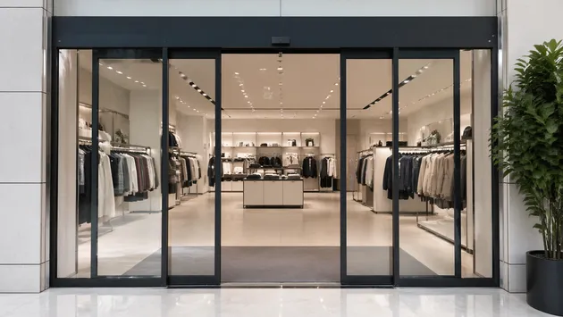 Sliding commercial door at retail storefront entrance
