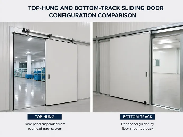 Top-hung and bottom-track sliding door configuration comparison showing overhead track suspension versus floor-mounted guide rail