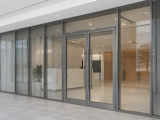 Commercial lobby entrance with architectural aluminum storefront door — deep profile, concealed hardware, anodized finish