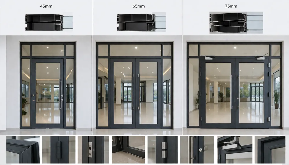Custom OEM storefront door configurations showing profile depth options and hardware integration