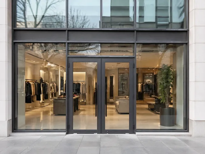 EUWOO aluminum-frame storefront commercial door — full glass panel, anodized finish, retail entrance application
