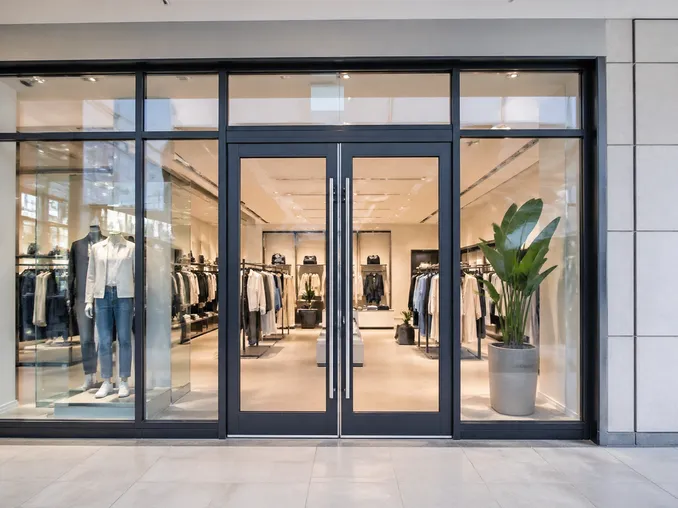 Storefront commercial door as retail brand experience — aluminum frame glass panel entrance