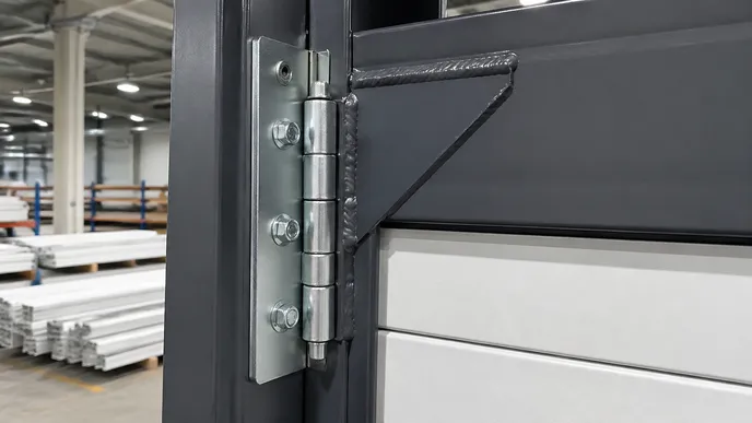 Close-up of 4-bearing hinge and welded corner gusset on EUWOO warehouse commercial door frame