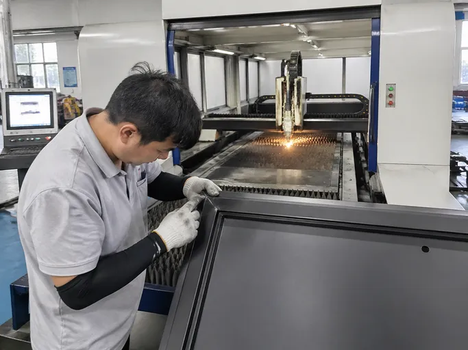CNC laser cutting and corner weld inspection on specialty steel door production line