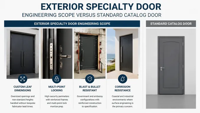Exterior specialty door engineering scope versus standard catalog door