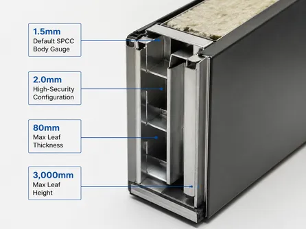 Steel gauge cross-section detail for exterior specialty door construction