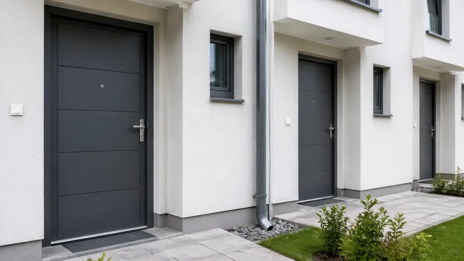 Steel front doors installed in a multi-unit residential development project