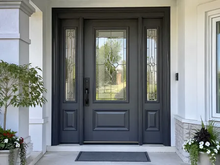 EUWOO front door with decorative panel profiles and glass lite inserts