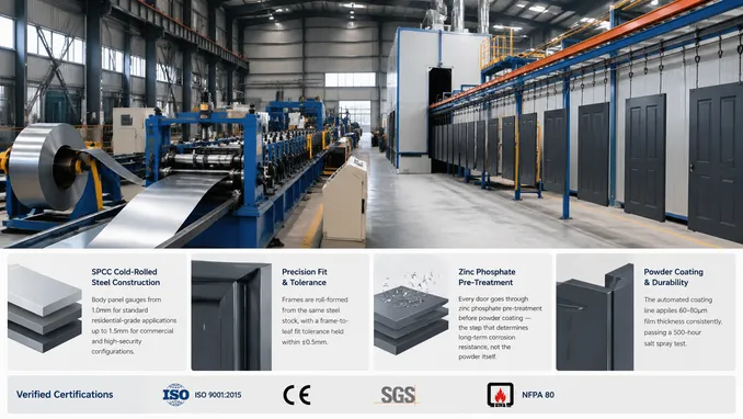 EUWOO steel door production floor showing roll-forming and coating operations