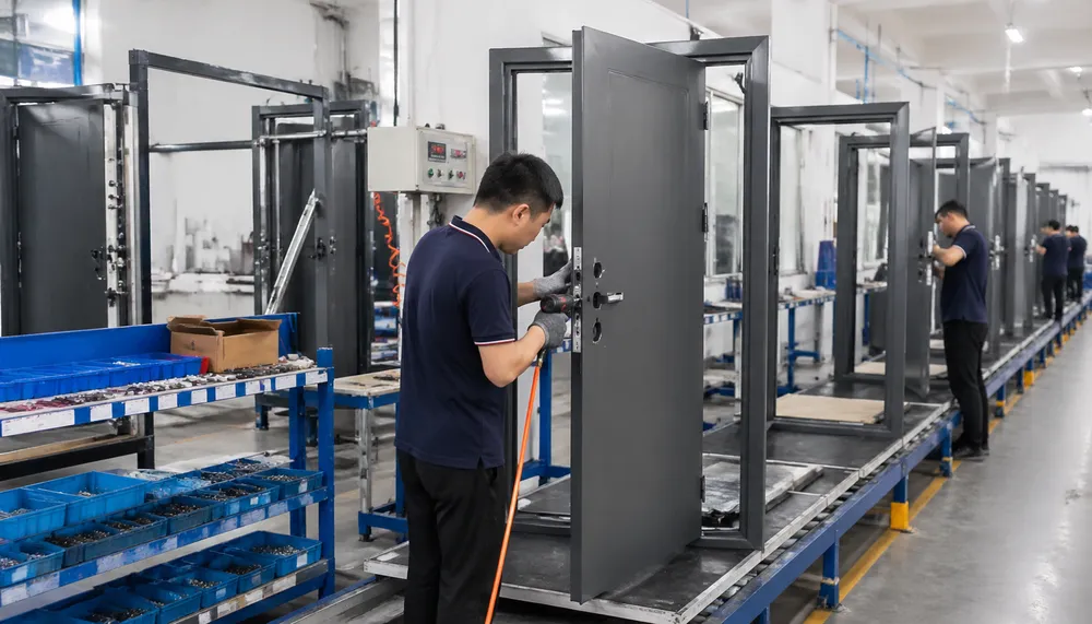 EUWOO factory assembly station showing steel door hardware pre-installation and test cycling