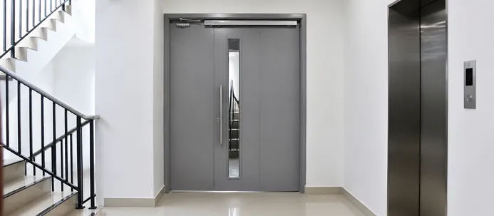 Automatic fire door at commercial office building stairwell entry