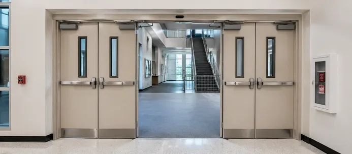 Automatic fire door in university campus building for educational institution fire safety