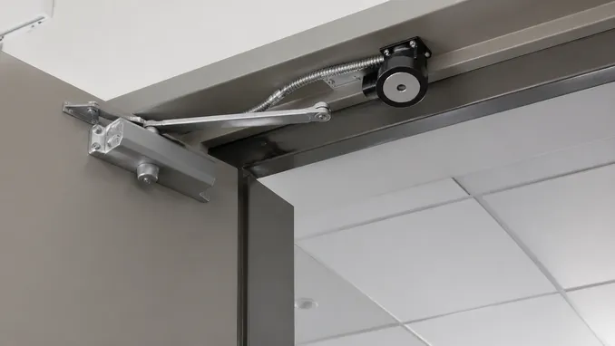 Close-up of electromagnetic hold-open device and overhead door closer on automatic fire door