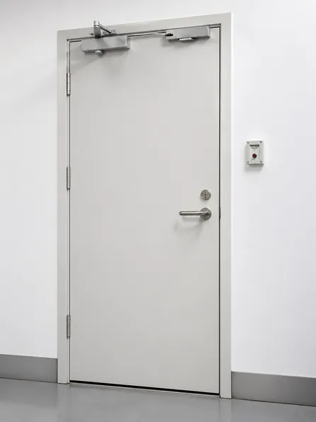 EUWOO automatic fire door single leaf with powder coat finish and electromagnetic hold-open hardware