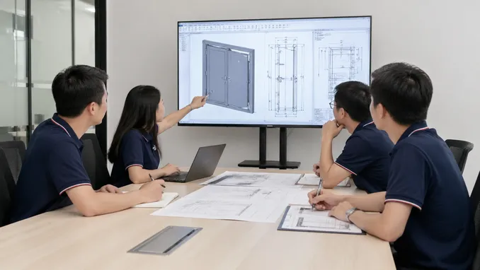 EUWOO engineering team reviewing automatic fire door specifications