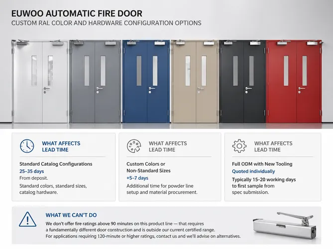 EUWOO automatic fire door custom RAL color and hardware configuration options