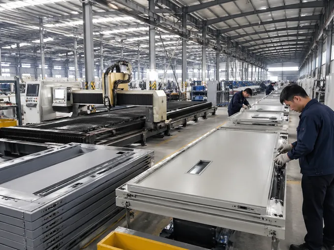 EUWOO automatic fire door production line showing CNC cutting and assembly stations