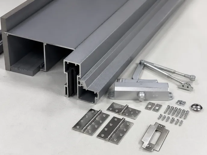 Commercial fire door technical detail — steel frame with intumescent seal channel and hardware package