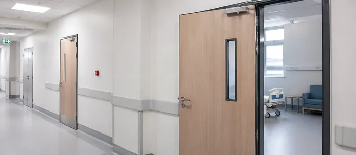 Fire door installation in healthcare facility corridor