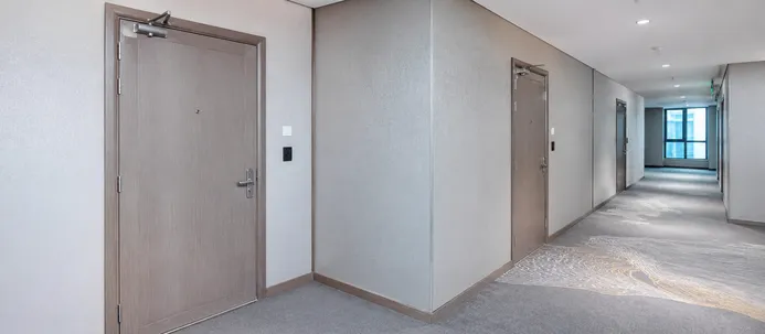 Fire doors in hotel corridor for hospitality project