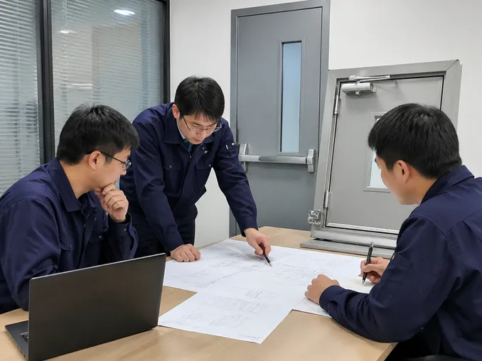 EUWOO engineering team reviewing commercial fire door project specifications