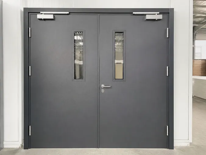 EUWOO double leaf fire door — two-panel steel fire-rated assembly with intumescent seals