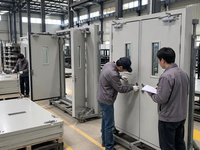 EUWOO factory floor showing double leaf fire door production and quality inspection