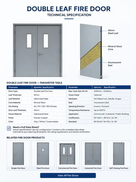 Double leaf fire door technical specification — 45mm steel leaf with mineral wool core and intumescent seal