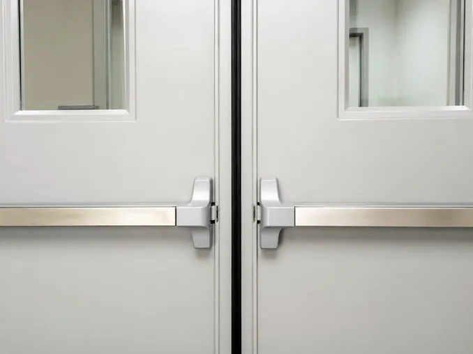 Double leaf fire door meeting stile with intumescent strip — active and inactive leaf coordination detail