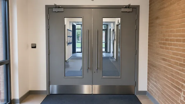 Double leaf fire doors at university campus building entrance — FD30 and FD60 with vision panel configuration