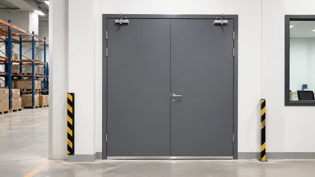 Double leaf fire doors at warehouse-to-office fire compartment boundary — FD60 flush panel with heavy-duty threshold for forklift clearance