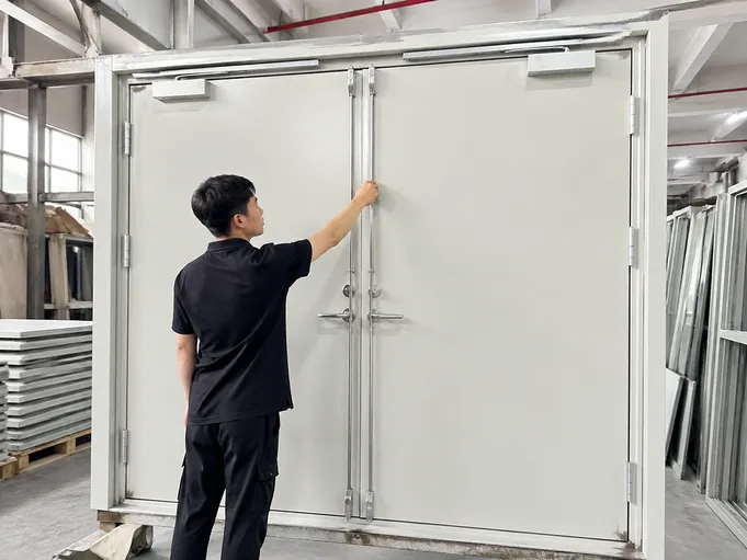 QC technician performing coordinator sequence test on double leaf fire door assembly