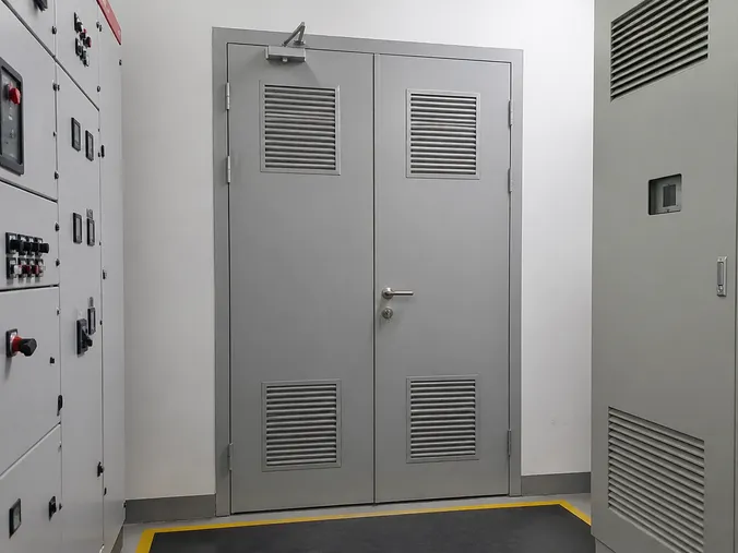 EUWOO electrical room fire door — steel construction with louvered ventilation panel and anti-static powder coat finish
