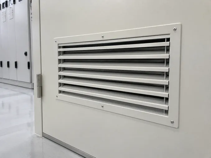 Close-up of intumescent-lined louvered ventilation panel on EUWOO electrical room fire door