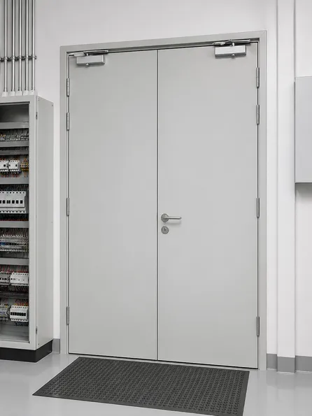 EUWOO electrical room fire door in RAL 7035 light grey with anti-static powder coat finish
