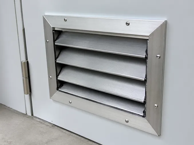 Intumescent louvered ventilation panel on electrical room fire door showing graphite compound seal