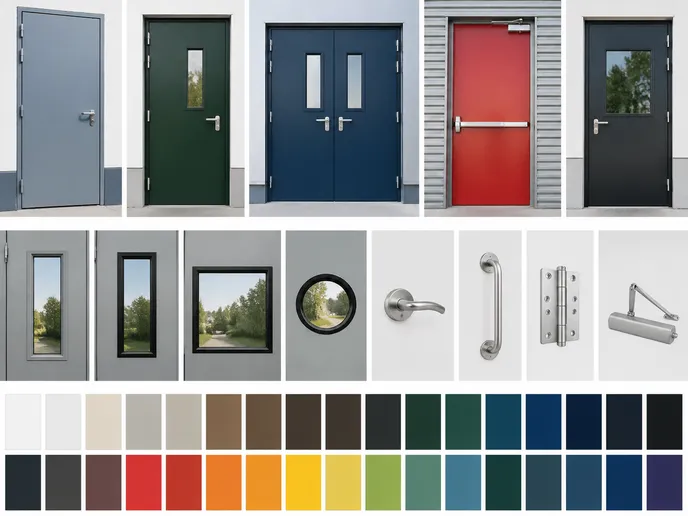 Exterior fire door customization options including RAL color finishes, vision panels, and hardware configurations