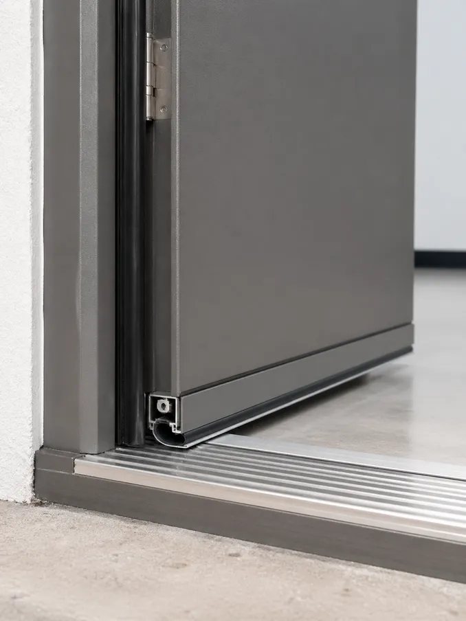 Exterior fire door perimeter weatherseal and drop-seal threshold detail