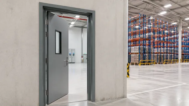 Heavy-gauge fire door frame for industrial warehouse and logistics facility